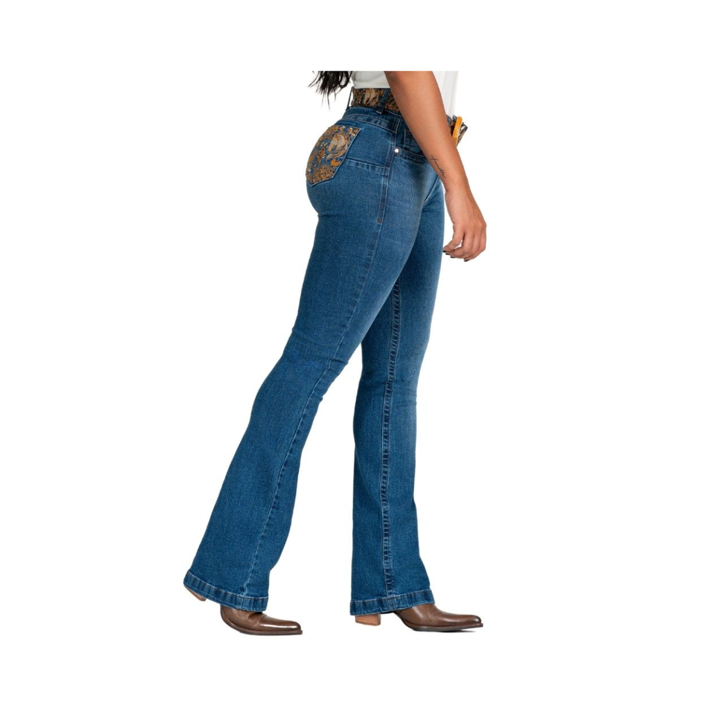 Calça Buphallos Feminina Jeans Azul com Cinto e Bordados