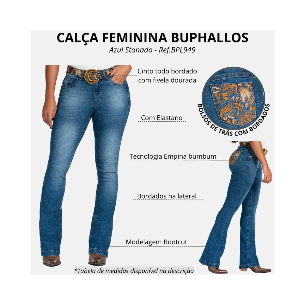 Calça Buphallos Feminina Jeans Azul com Cinto e Bordados