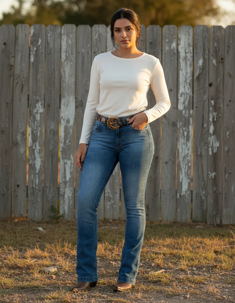 Calça Buphallos Feminina Jeans Azul com Cinto e Bordados