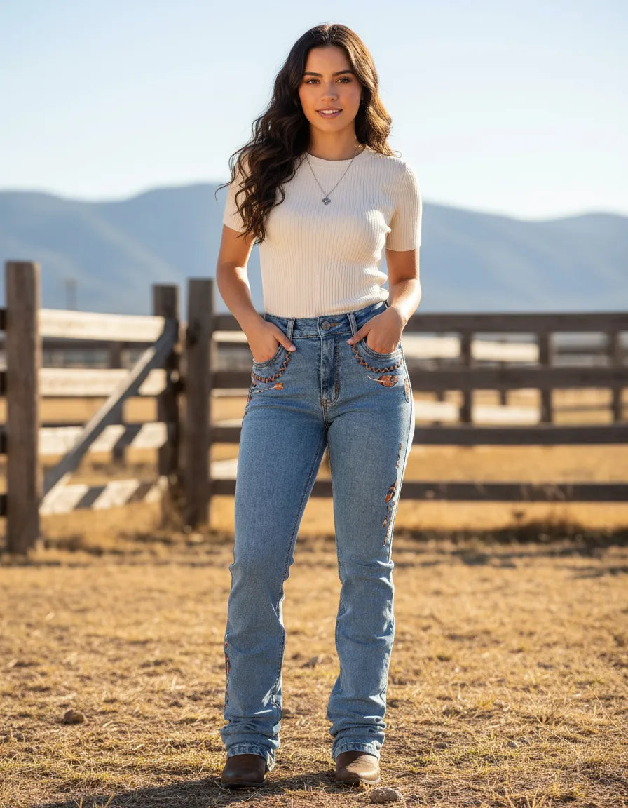 Calça Jeans Bordada Texas Farm Vitality Umber