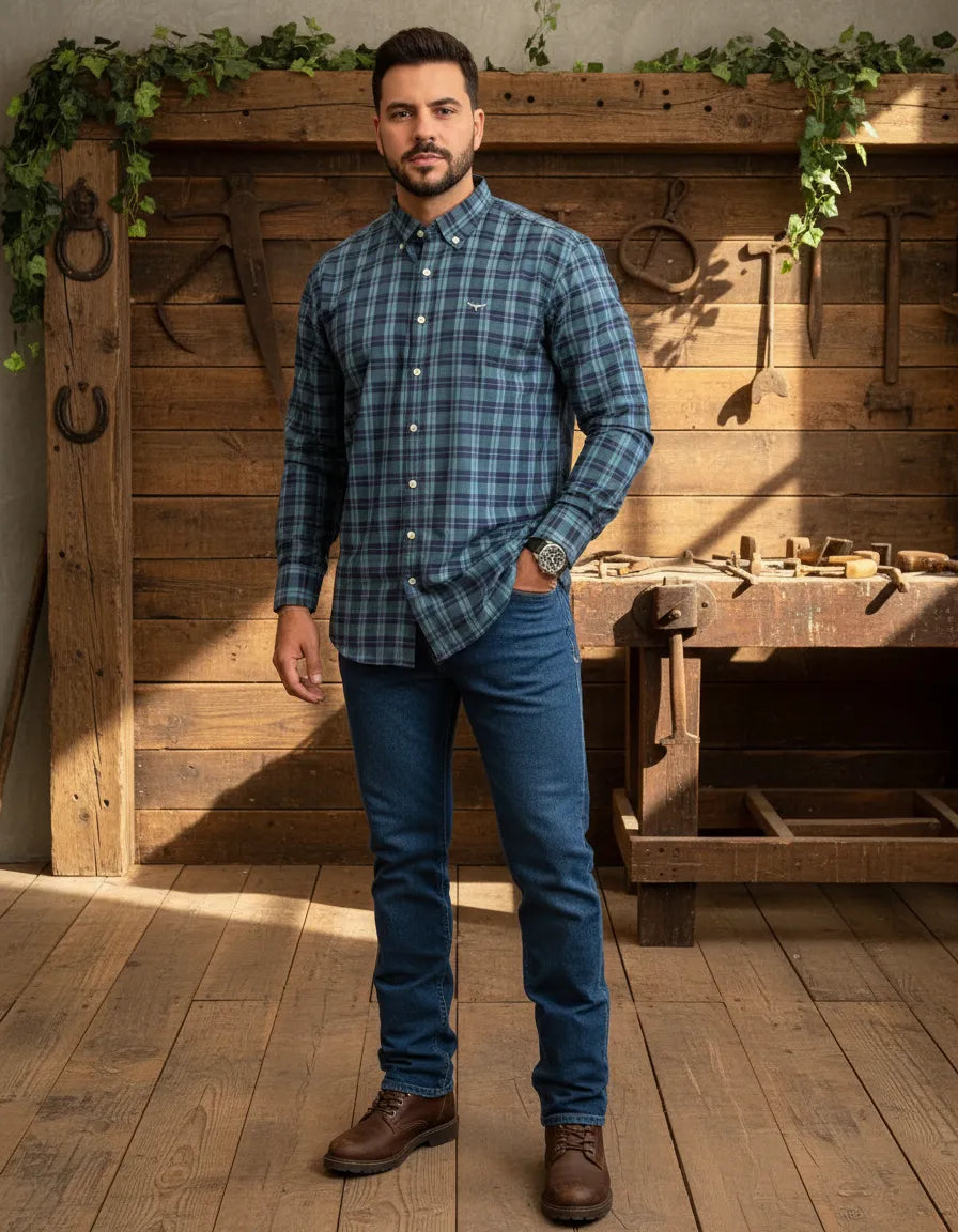 Camisa Social Xadrez Manga Longa Masculina Moiadeiros