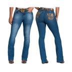 Calça Buphallos Feminina Jeans Azul com Cinto e Bordados