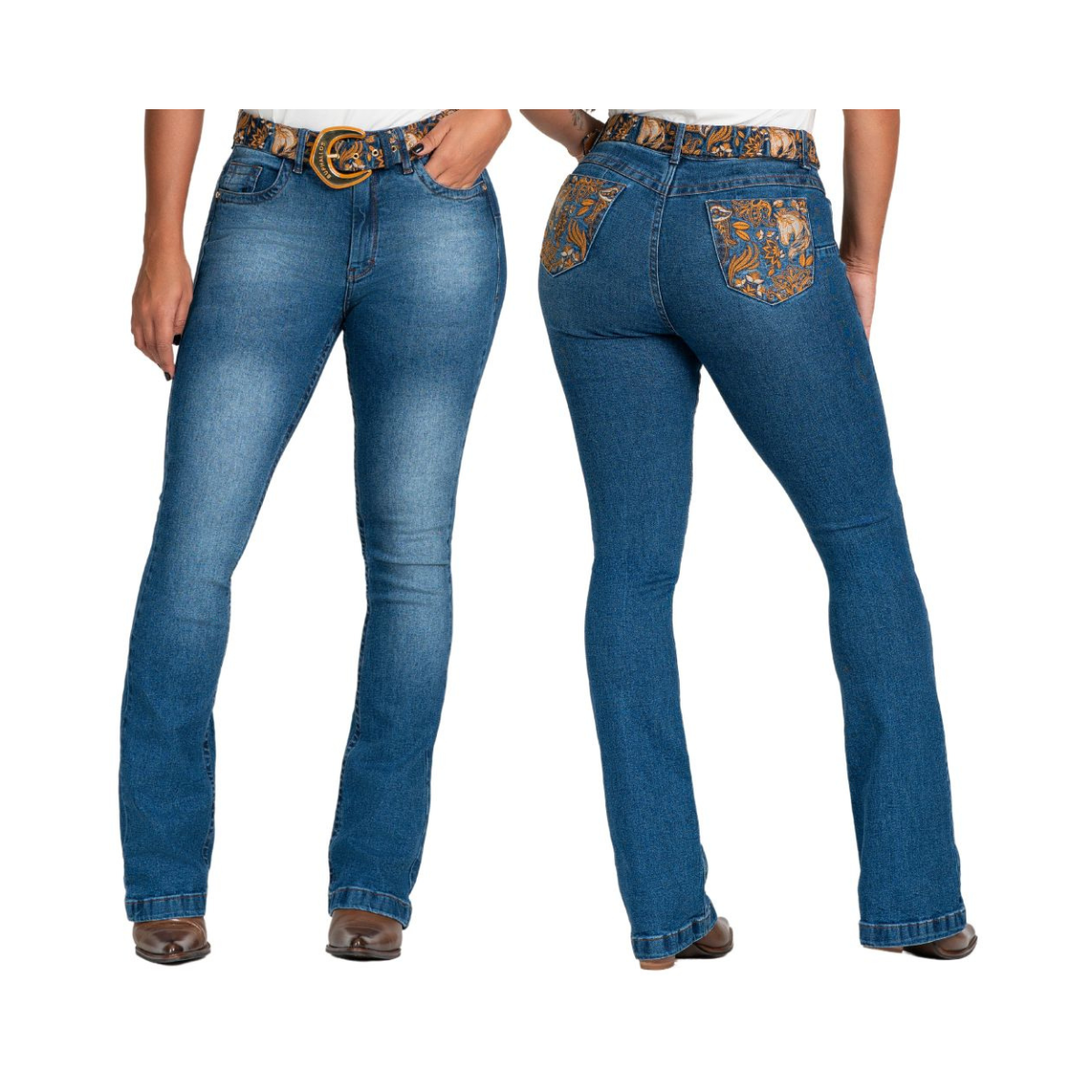 Calça Buphallos Feminina Jeans Azul com Cinto e Bordados